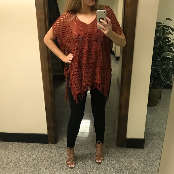 Rusty Orange Crochet Shawl with Fringe - Picture 6 of 8